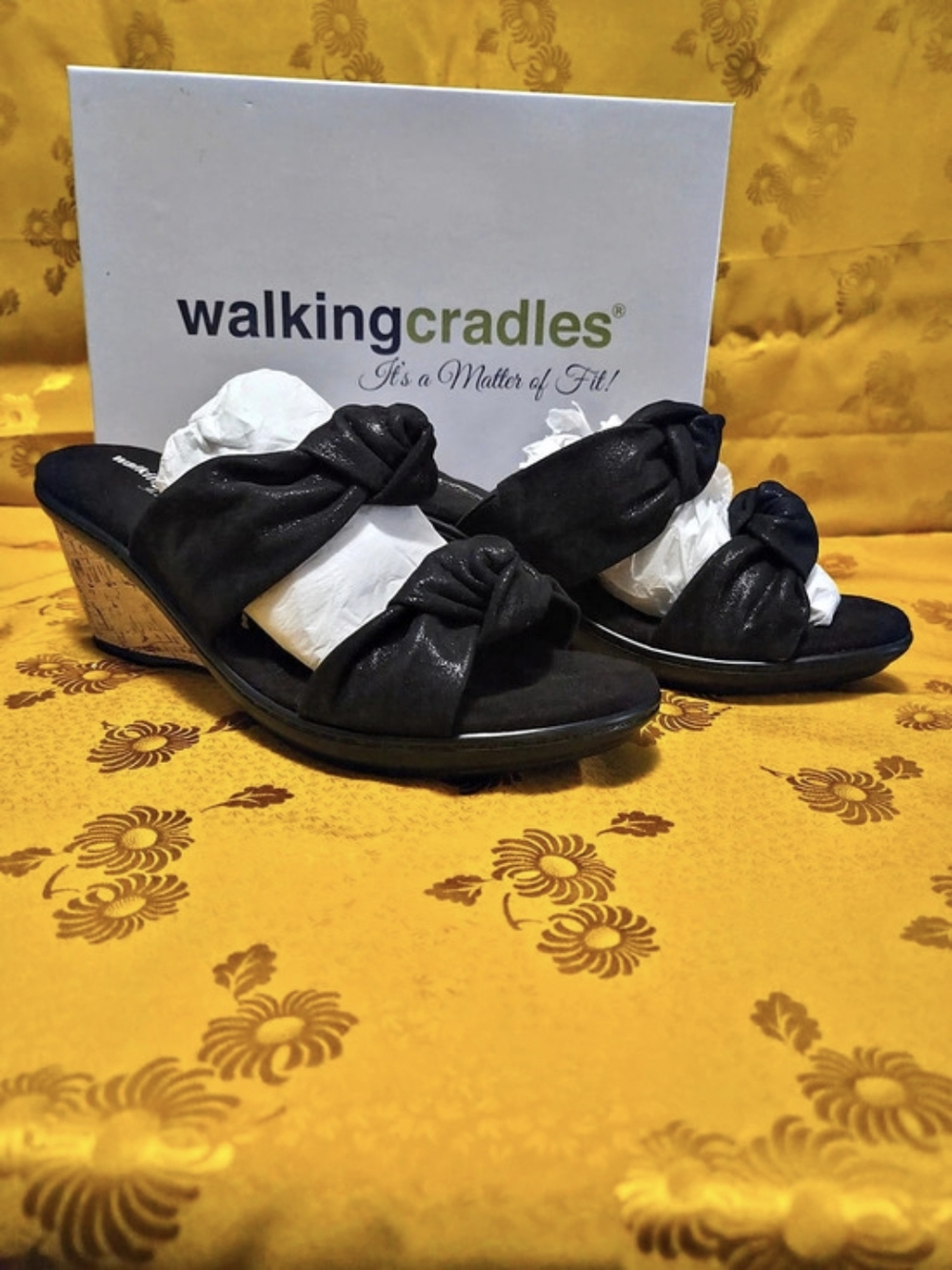 Walking Cradles Black Knot Wedge Sandals Like New